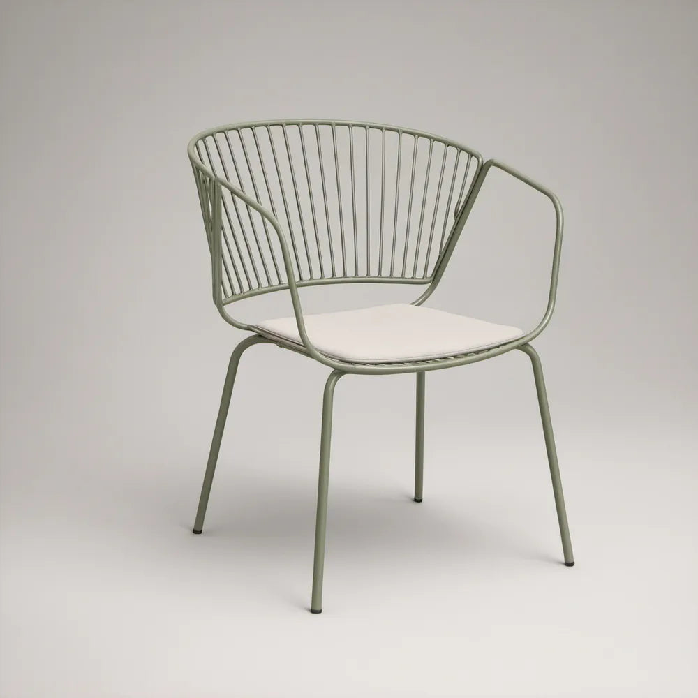 Cadeira de Jantar com Braços em Aço Verde e Assento Branco em Poliuretano, 56 x 55 x 78 cm