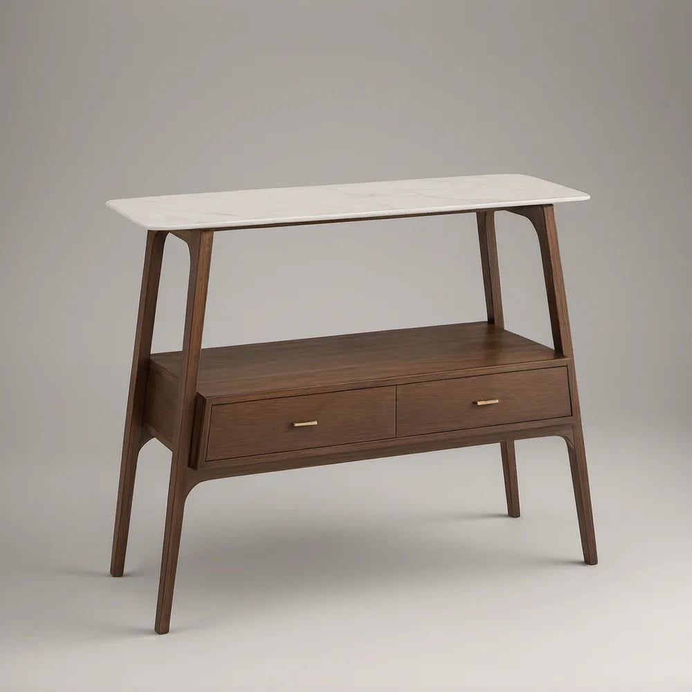 Consola de Entrada com 2 Gavetas, Tampo Branco Efeito Mármore e Estrutura Nogueira, 120 x 40 x 90 cm