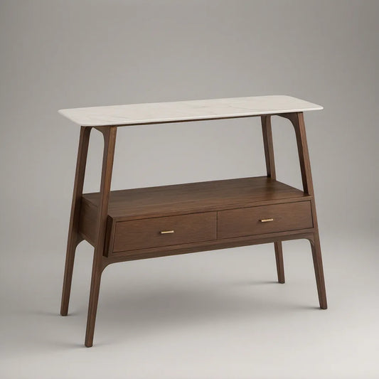 Consola de Entrada com 2 Gavetas, Tampo Branco Efeito Mármore e Estrutura Nogueira, 120 x 40 x 90 cm