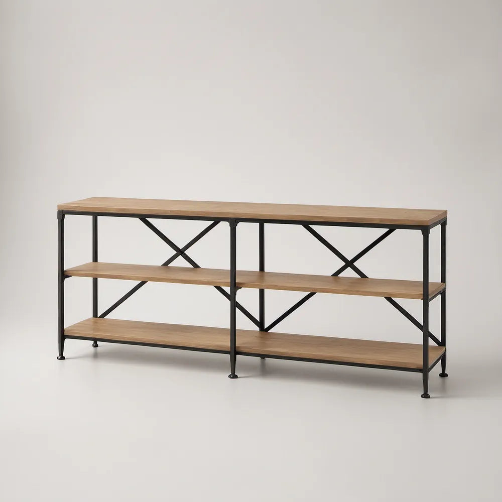 Mesa Consola Retangular com 3 Prateleiras em MDF Castanho e Aço Preto 160 x 35 x 80 cm