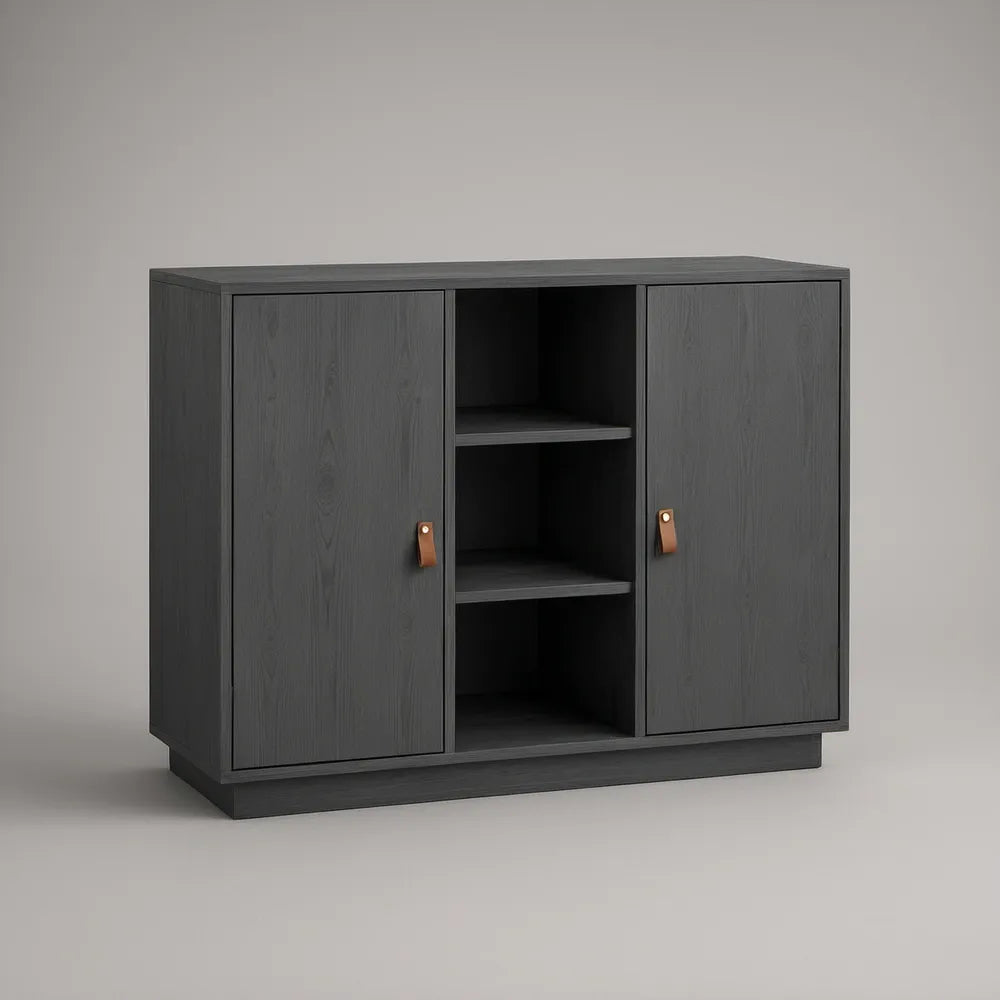 Aparador em MDF Preto com 2 Portas, Nichos Centrais e Puxadores Castanhos, 120 x 40 x 90 cm