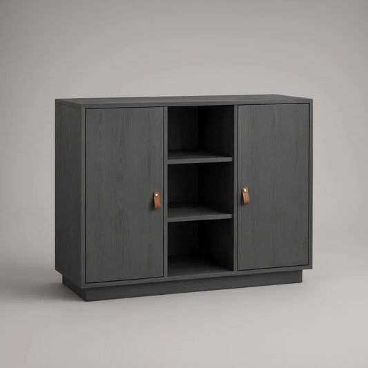 Aparador em MDF Preto com 2 Portas, Nichos Centrais e Puxadores Castanhos, 120 x 40 x 90 cm