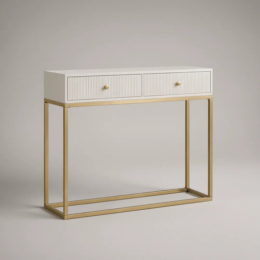 Consola Retangular com 2 Gavetas em MDF Branco e Estrutura em Aço Dourado, 100 x 30 x 80 cm