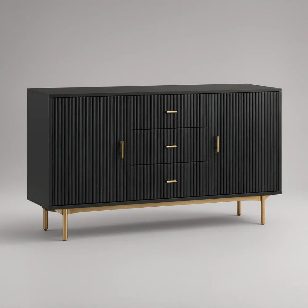 Aparador Retangular em MDF Preto e Dourado com 3 Gavetas e 2 Portas, 160 x 40 x 85 cm