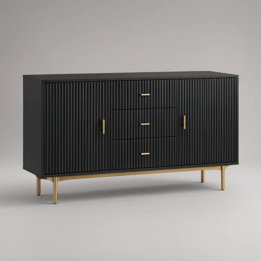 Aparador Retangular em MDF Preto e Dourado com 3 Gavetas e 2 Portas, 160 x 40 x 85 cm